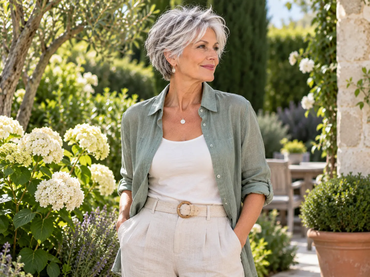 Silver bixie haircut showing natural gray hair and soft layers