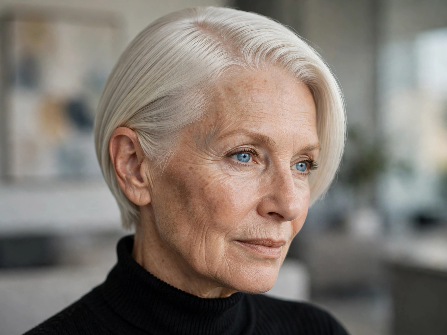 Sleek bixie haircut with a defined side part