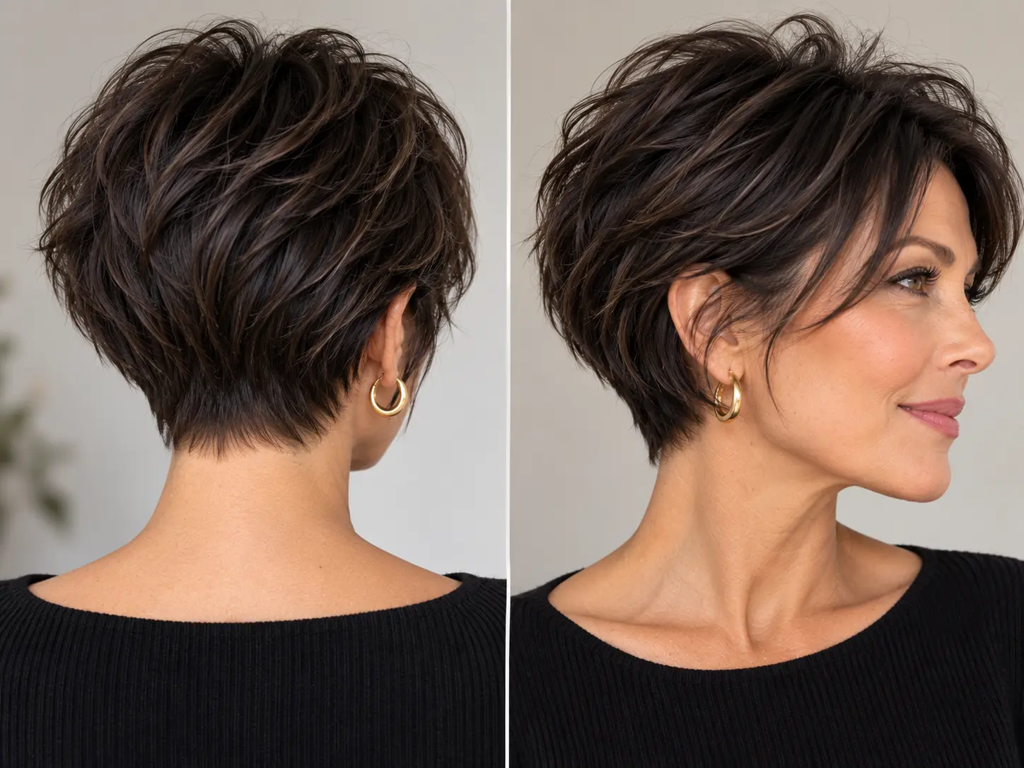 Tapered bixie haircut with a longer fringe and neat nape