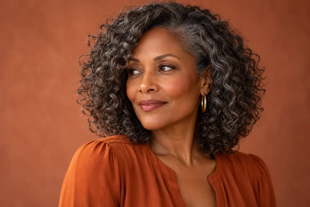 Curly long layered bob haircut shaped around natural curls on a mature woman over 50, long layered bob haircuts for women over 50