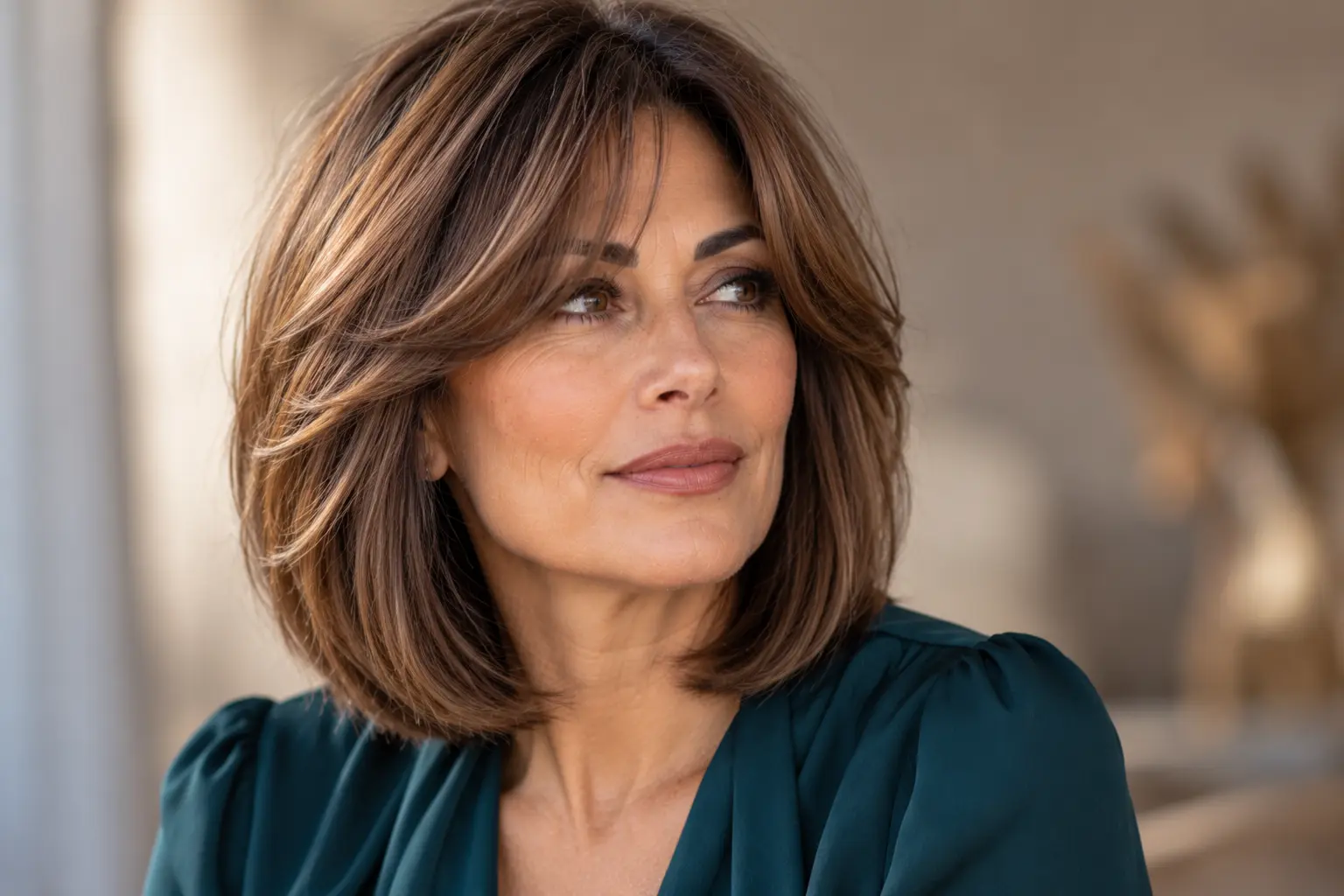 Long layered bob haircut with curtain bangs on a mature woman over 50