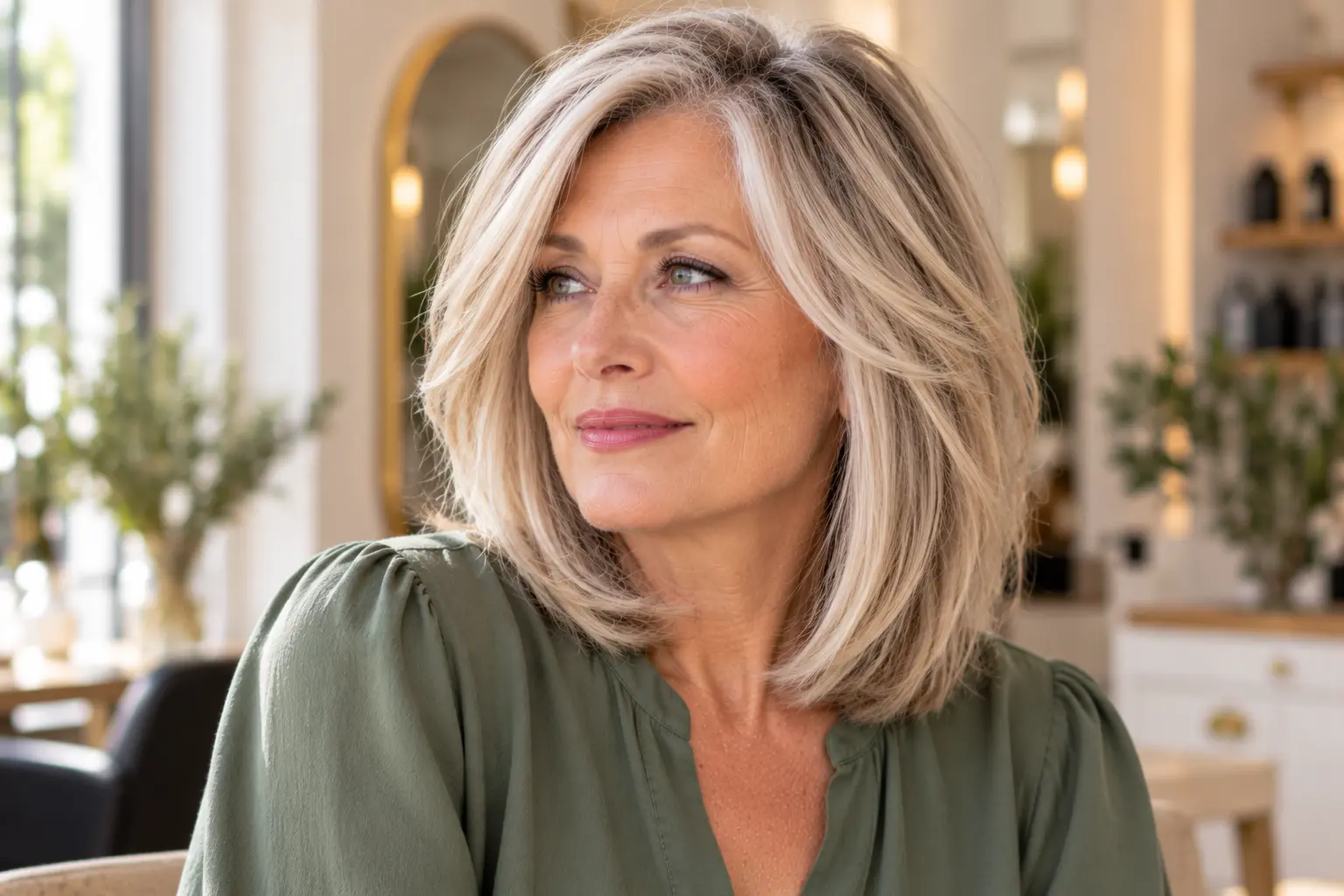 Long layered bob with soft face-framing highlights on a mature woman over 50