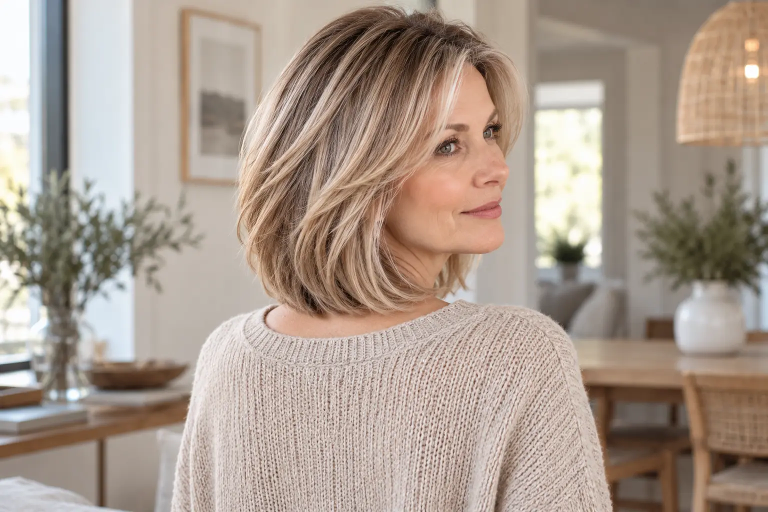 Softly textured long bob haircut for fine hair on a mature woman over 50