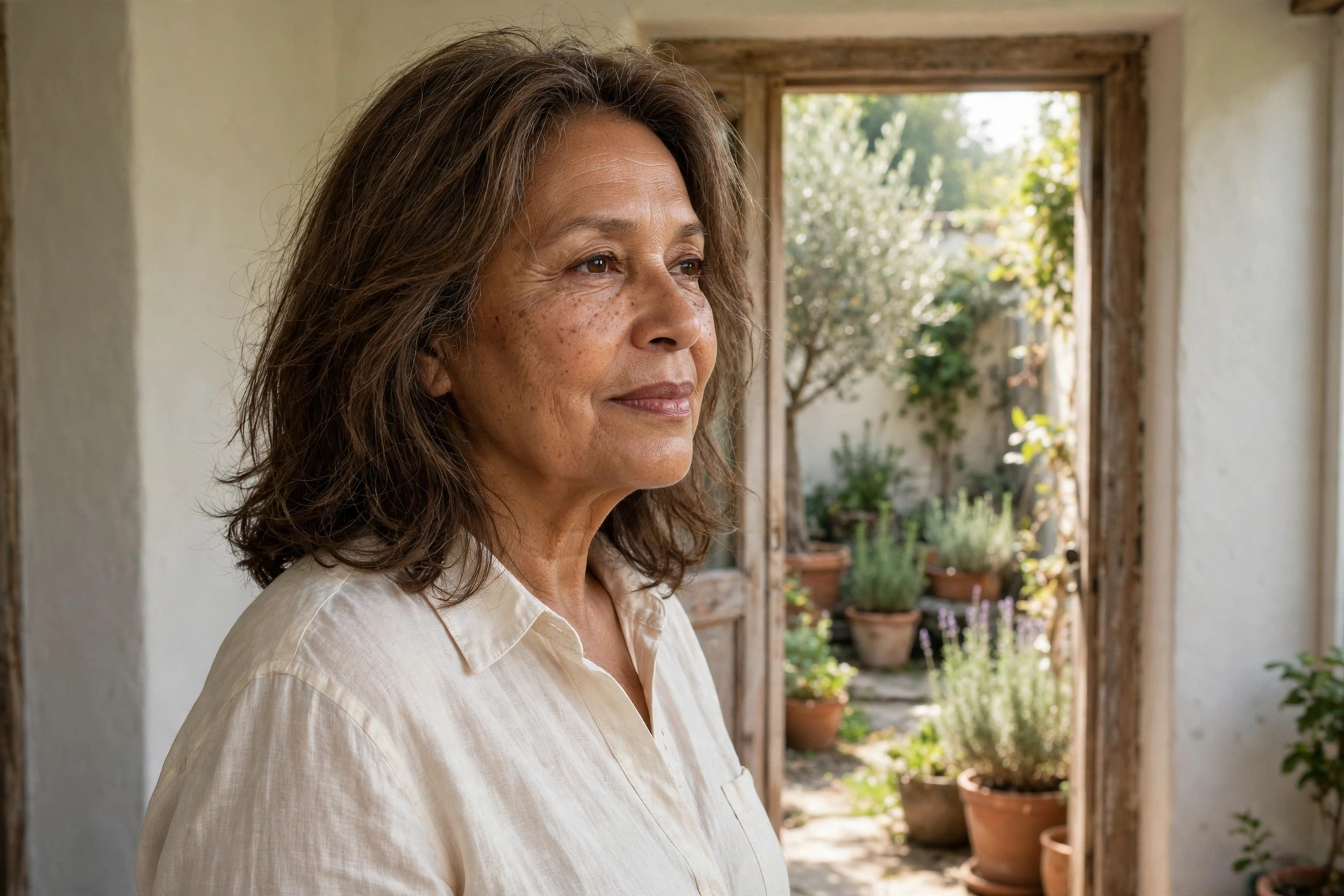 Low-maintenance long layered bob haircut on a mature woman over 50