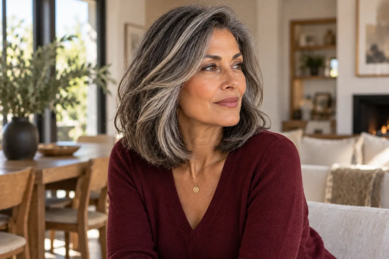 Salt-and-pepper long layered bob with soft movement on a mature woman over 50