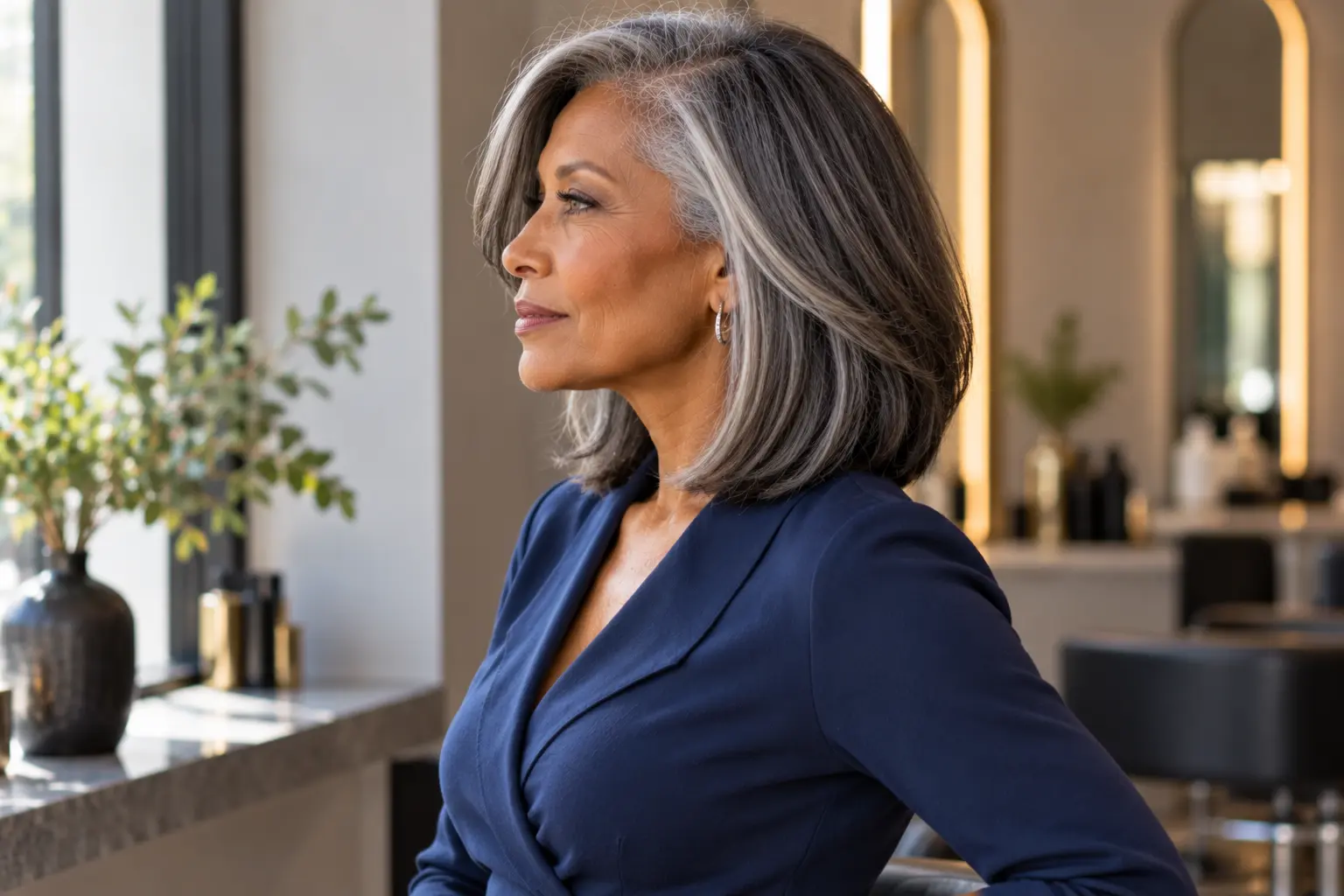 Side-parted long layered bob with sweeping front layers on a mature woman over 50