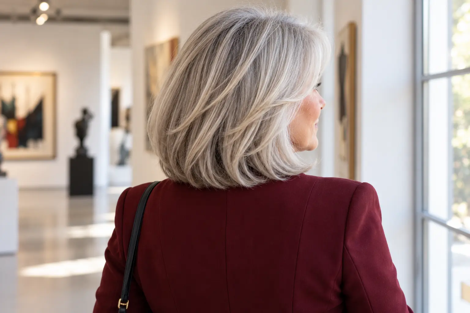 Silver long layered bob haircut on a mature woman over 50