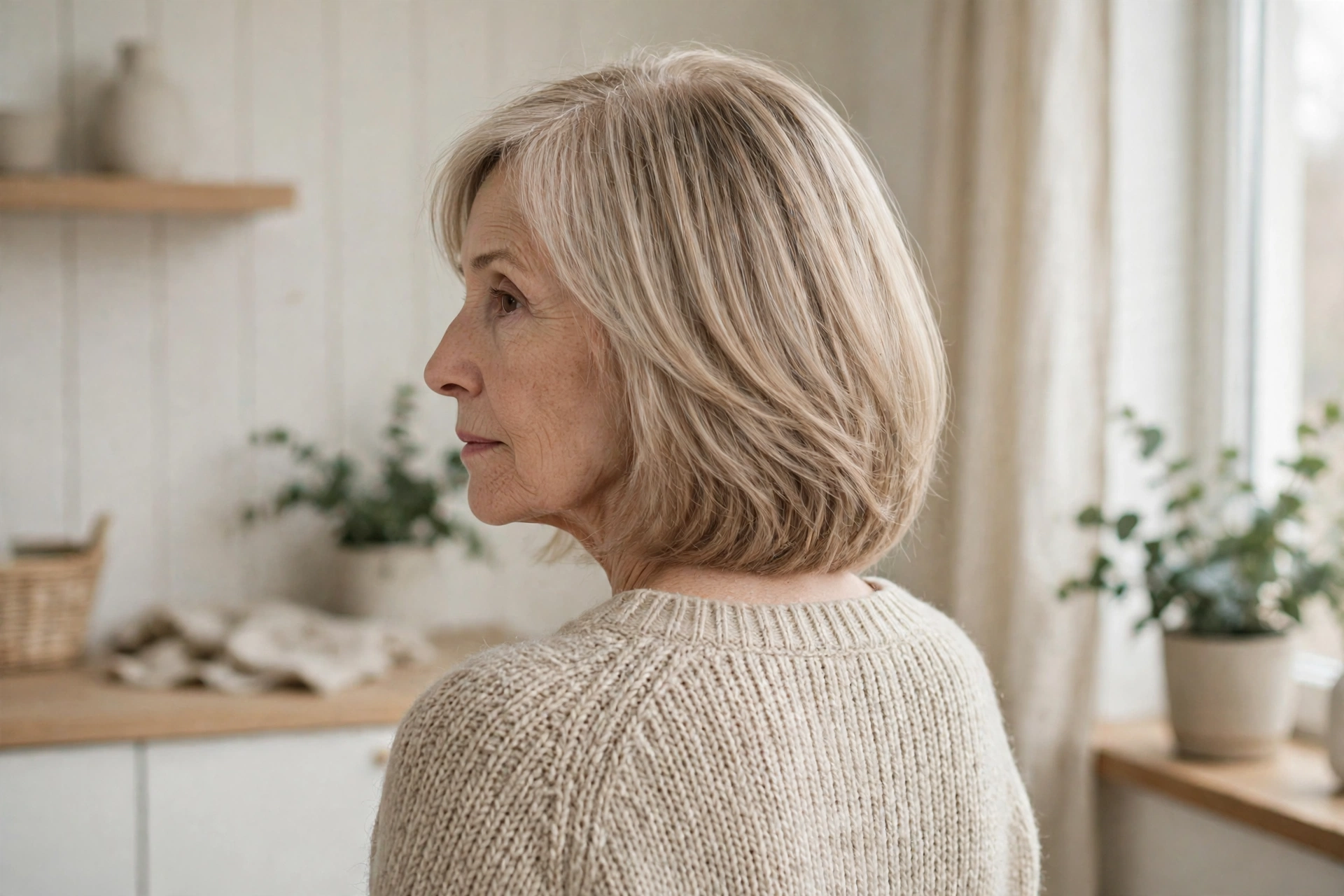 Long layered bob haircut shaped to manage thick hair on a mature woman over 50