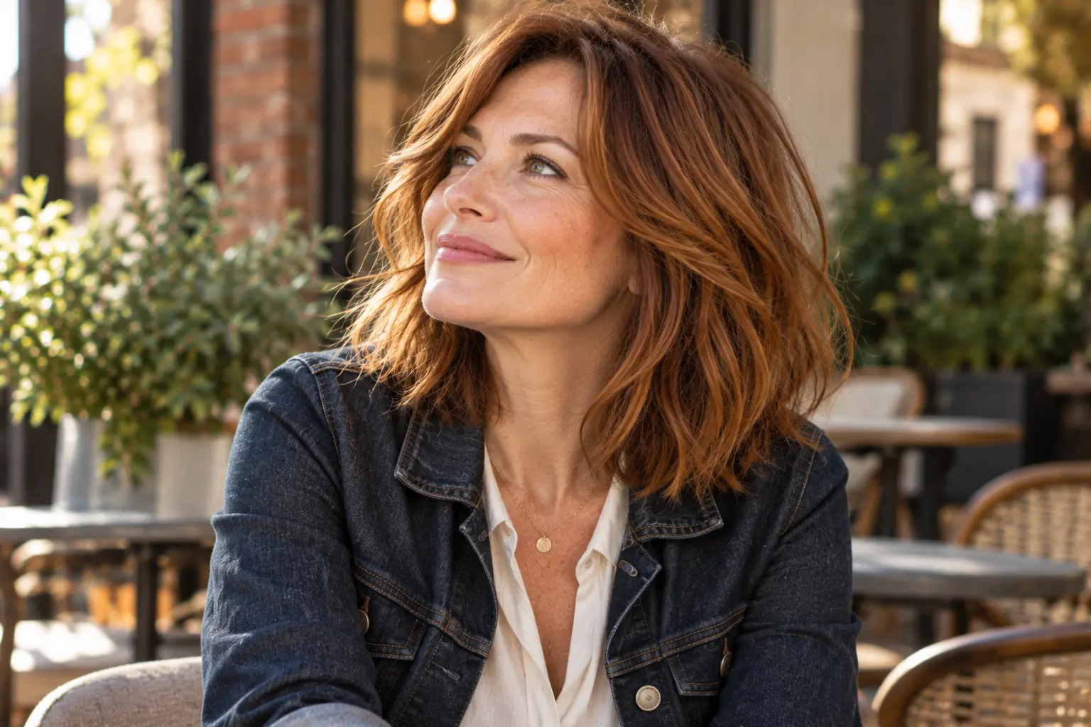 Tousled long layered bob with piecey ends on a mature woman over 50