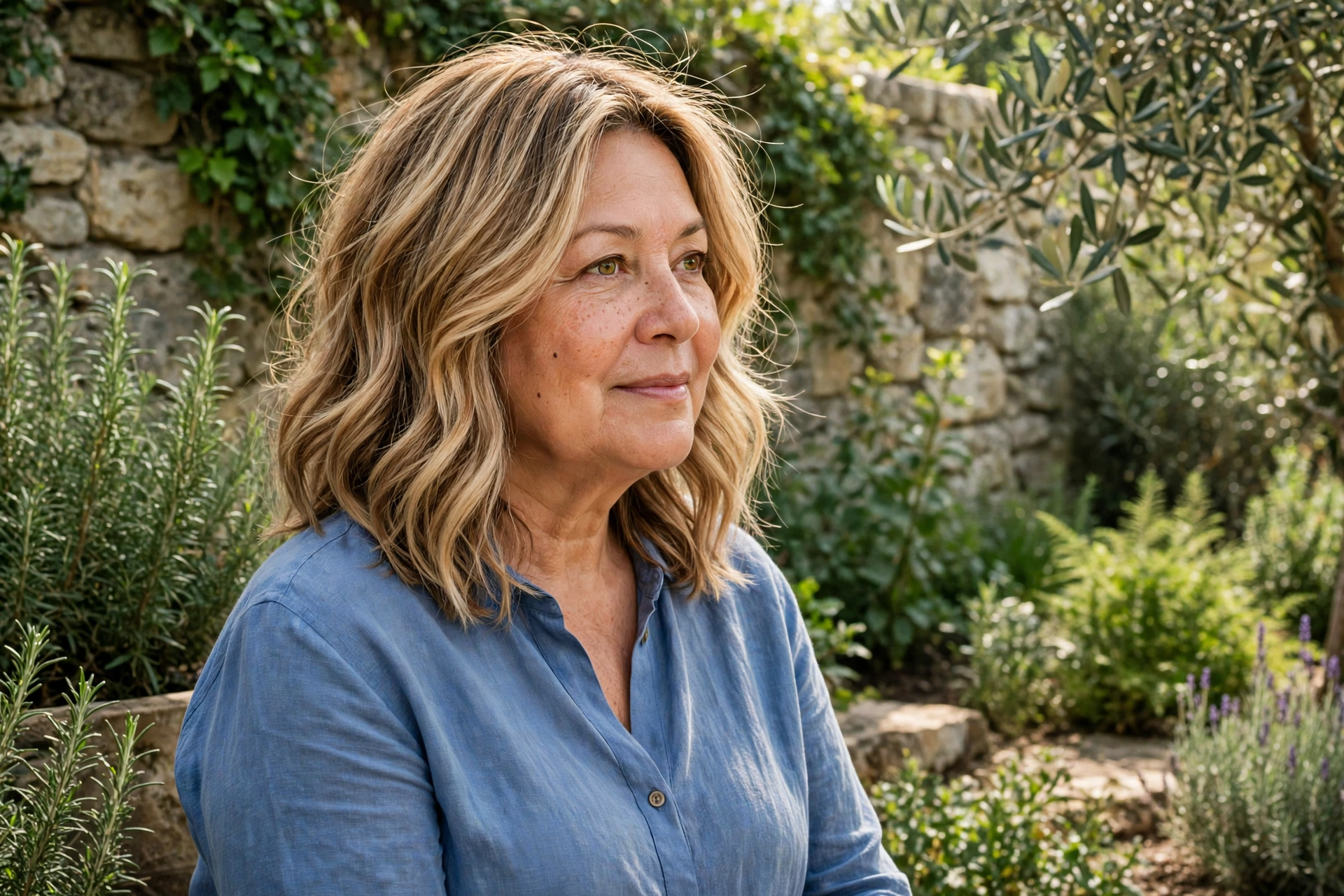 Wavy long layered bob haircut on a mature woman over 50 with soft natural waves