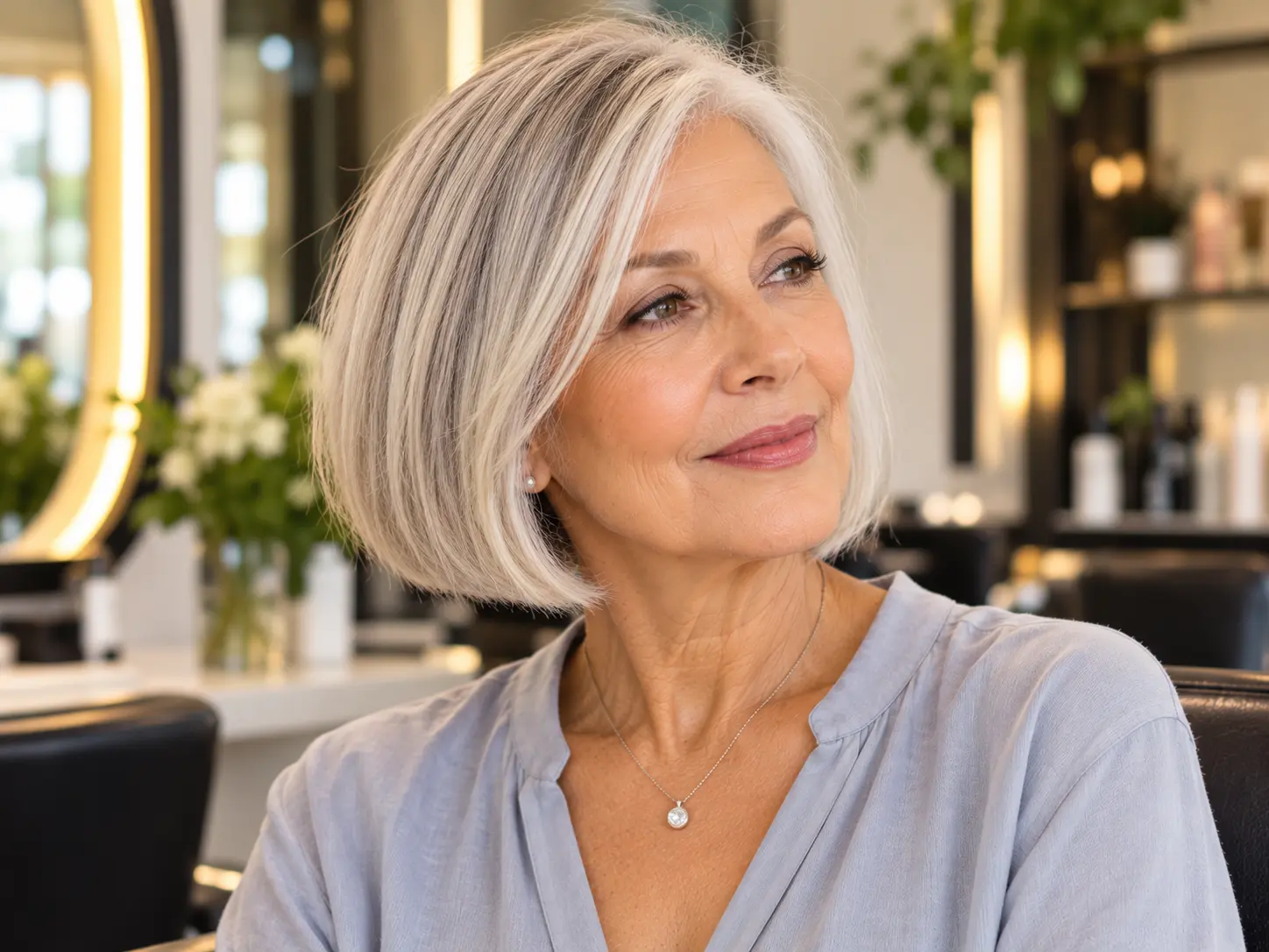 Woman over 70 with a layered bob for fine hair