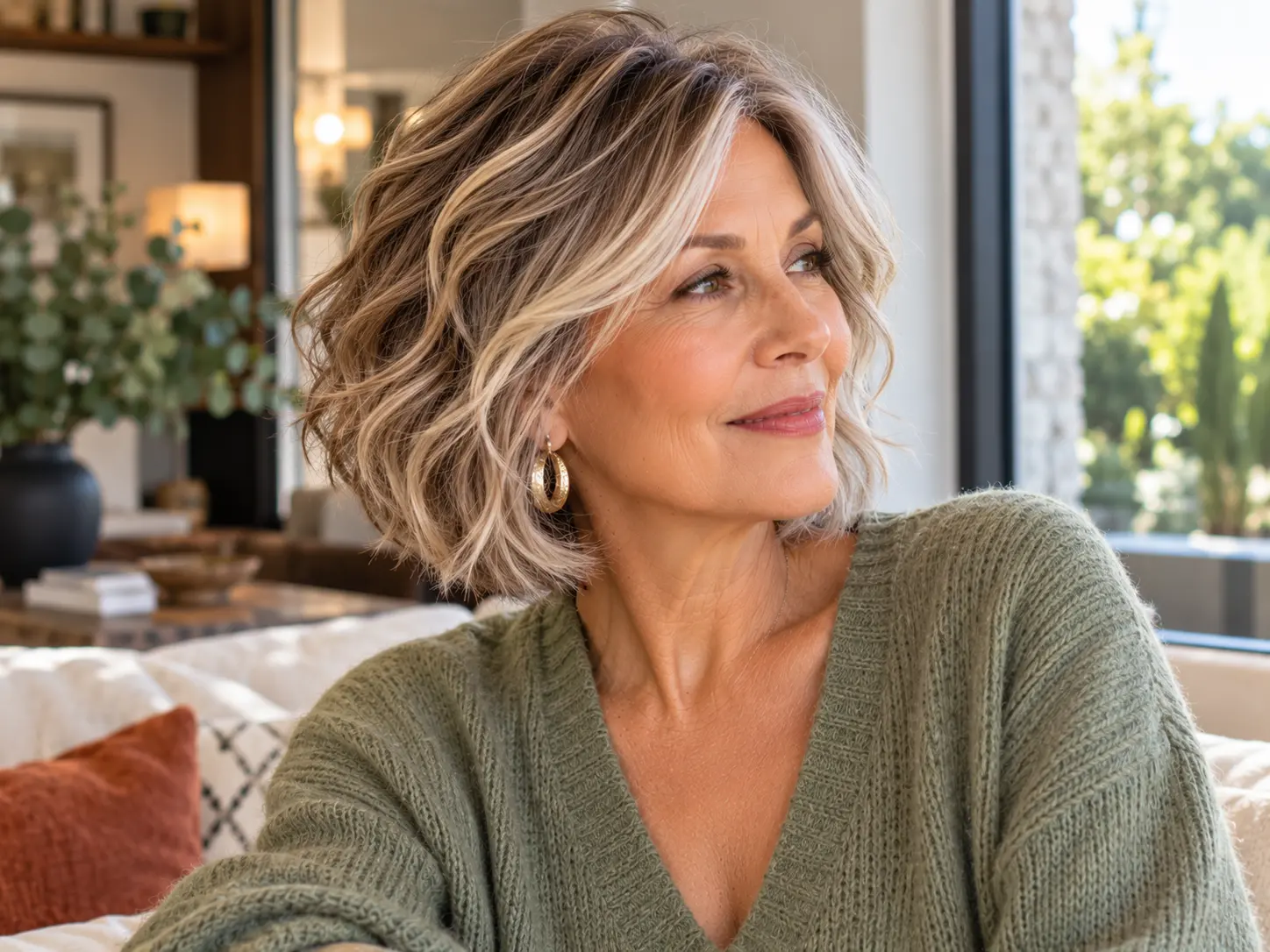 Modern wavy bob haircut for a woman over 50