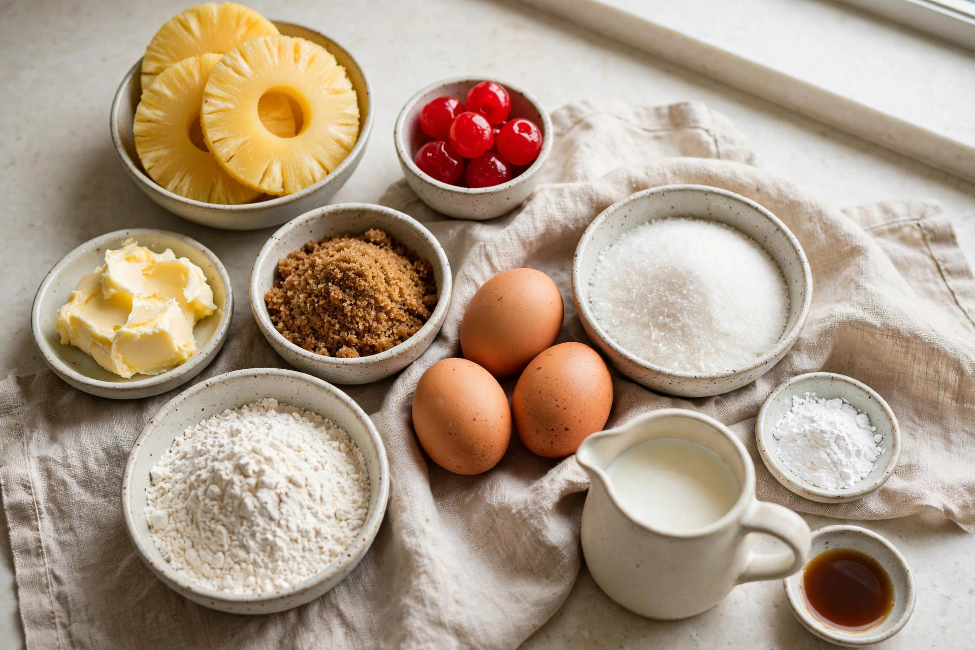 Ingredients for pineapple upside-down cake, including pineapple rings, butter, brown sugar, flour, and eggs