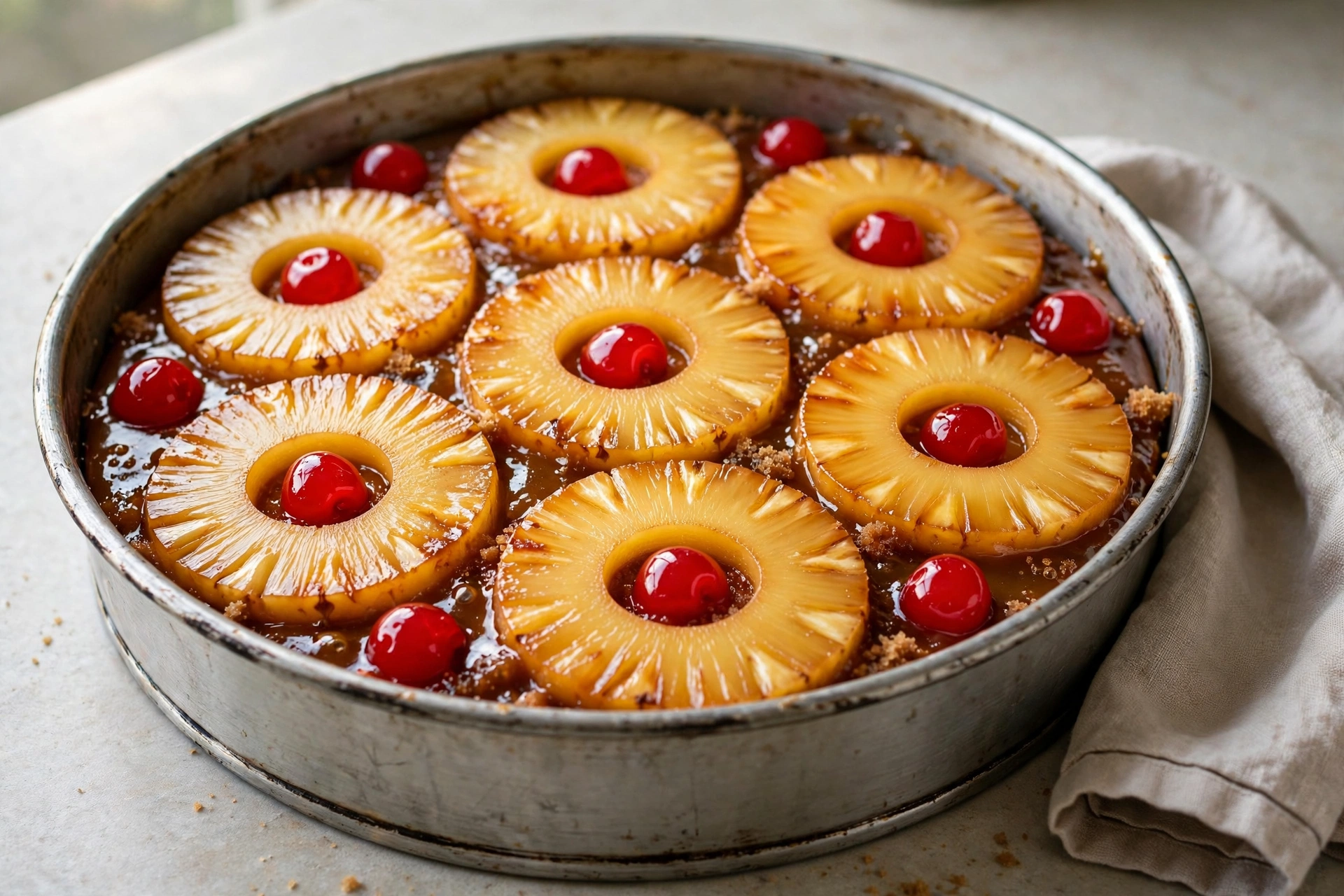 Pineapple rings and cherries arranged over brown sugar butter topping in a cake pan