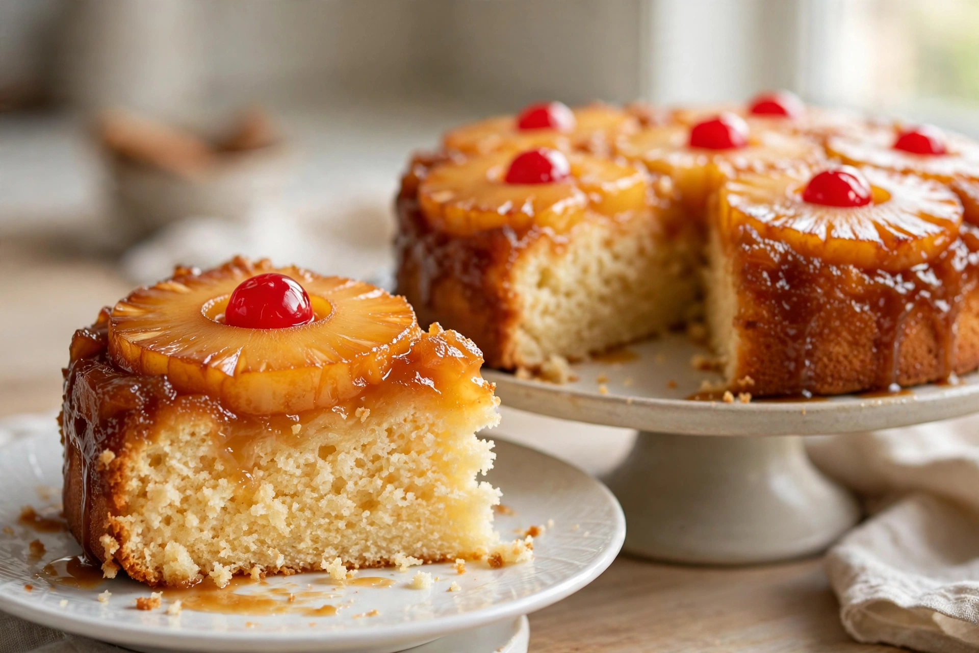 Slice of pineapple upside-down cake showing tender vanilla crumb and caramelized pineapple topping