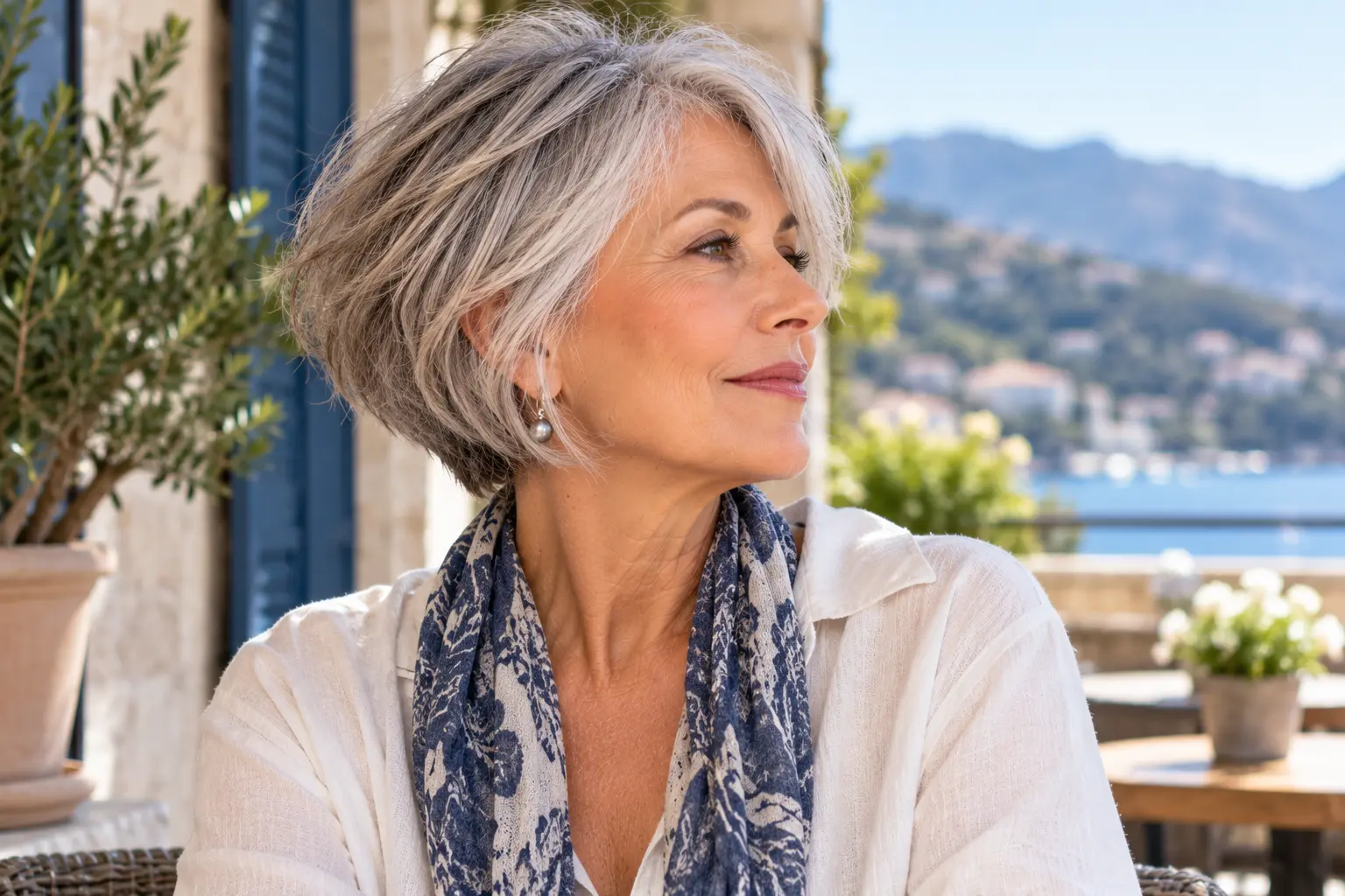Mature woman with an elegant silver gray bob haircut