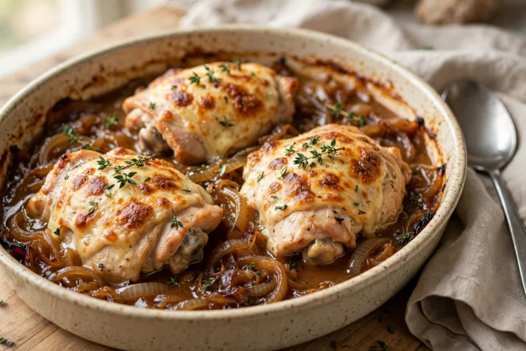 Slow cooker French onion chicken topped with melted cheese and caramelized onions in a savory brown sauce