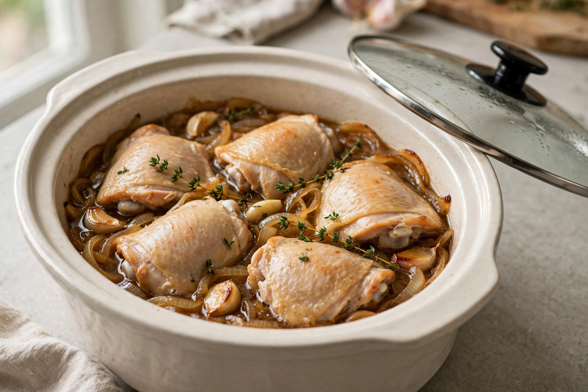 Chicken thighs slow-cooking with caramelized onions, herbs, and savory broth