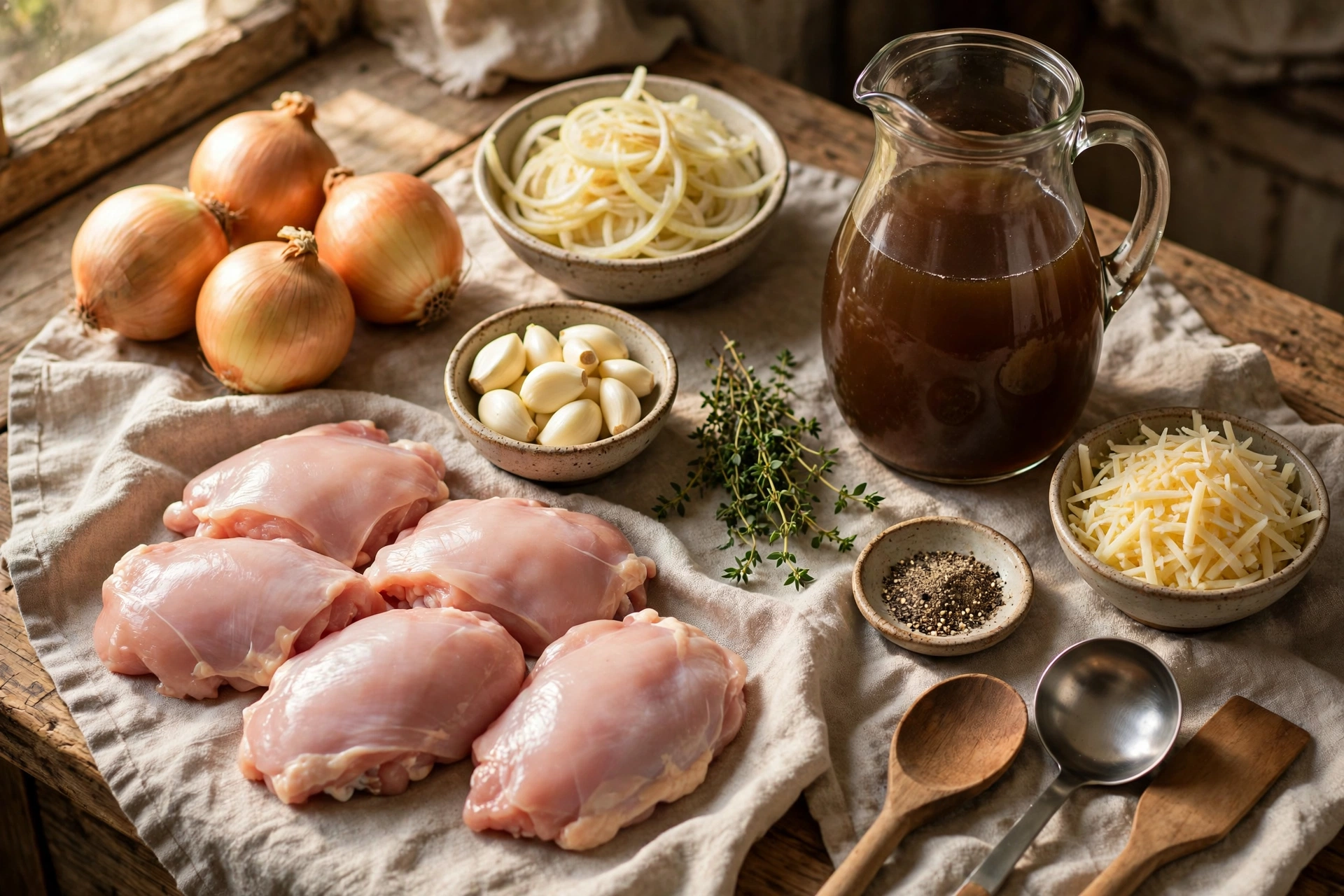 Ingredients for French onion chicken, including chicken thighs, onions, thyme, broth, and Gruyere cheese