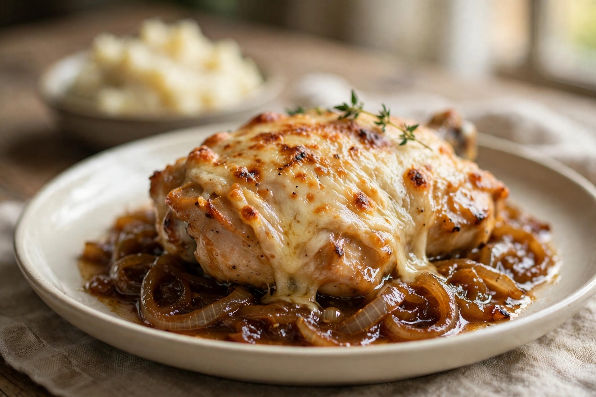French onion chicken served with melted Gruyere cheese, caramelized onions, and brown sauce